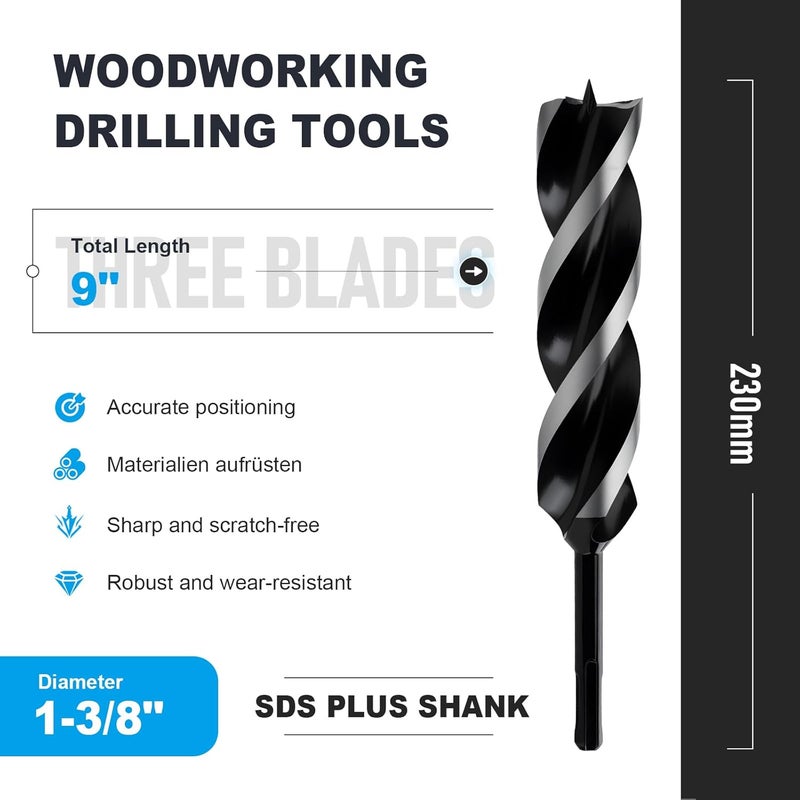 WOBLLMX 1-3/8" x 9" Auger Drill Bit with SDS Plus Shank for Wood,Tri Flute Ship Auger Long Drill Bit for Soft and Hard Wood,Tree Stump,Plastic,Drywall and Composite Materials - Image 2